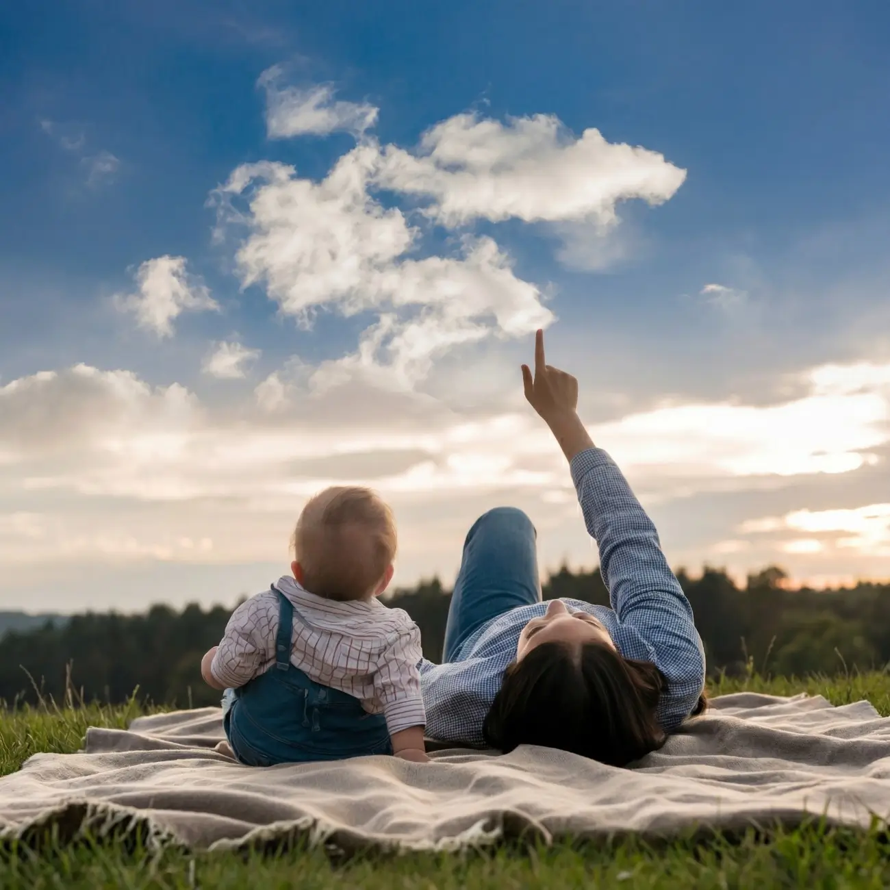 Original photo of children pointing at the sky before AI cartoon conversion