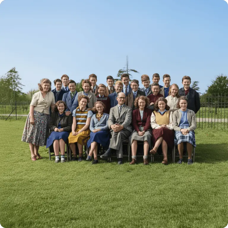 Colorized and restored group photo after AI photo restoration using EditPix