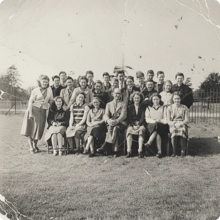Old black-and-white group photo before AI photo restoration
