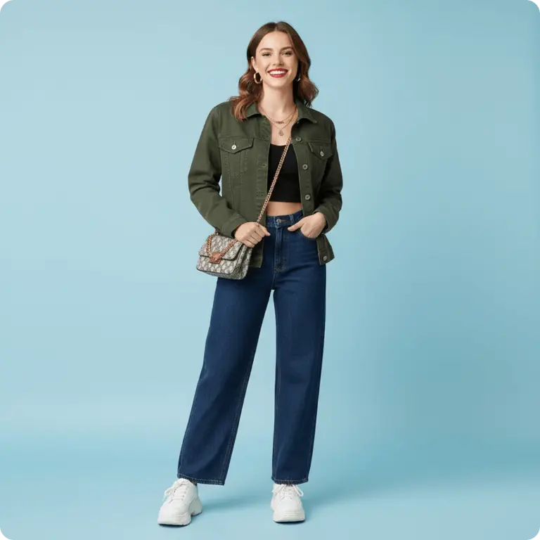 Same woman wearing a green jacket after AI clothes change using EditPix