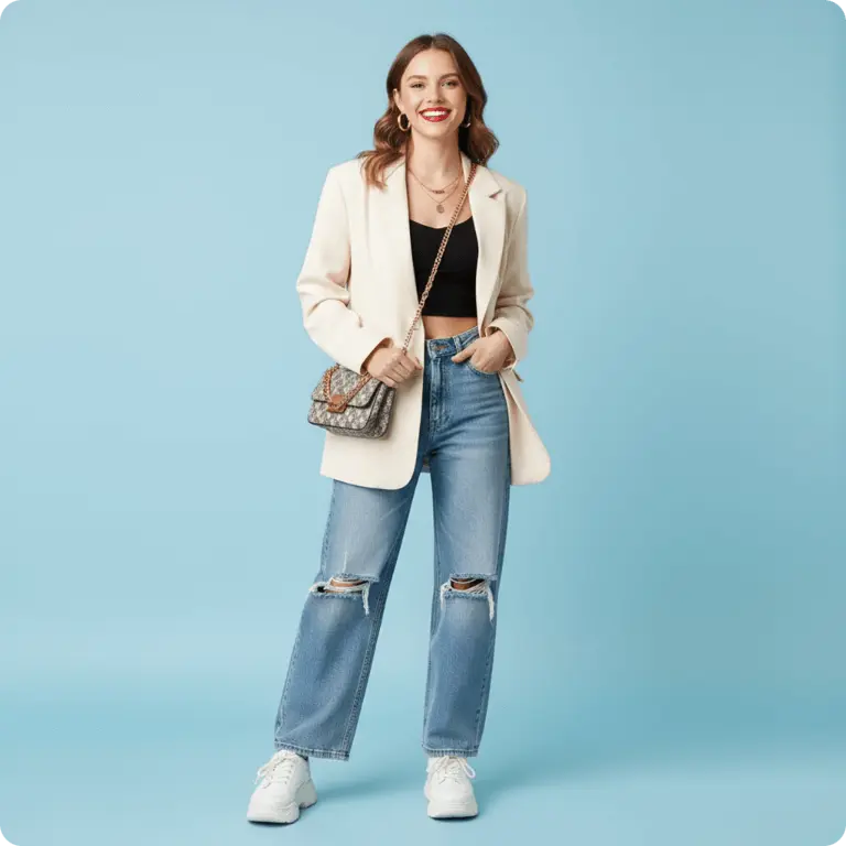 Woman wearing a white blazer before AI clothes change