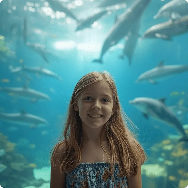 Clean photo of a girl with dolphins removed using AI object remover EditPix