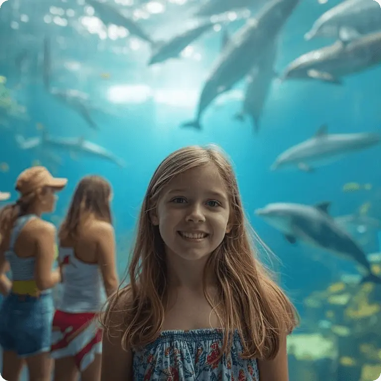Photo of a girl at an aquarium with dolphins before AI object removal