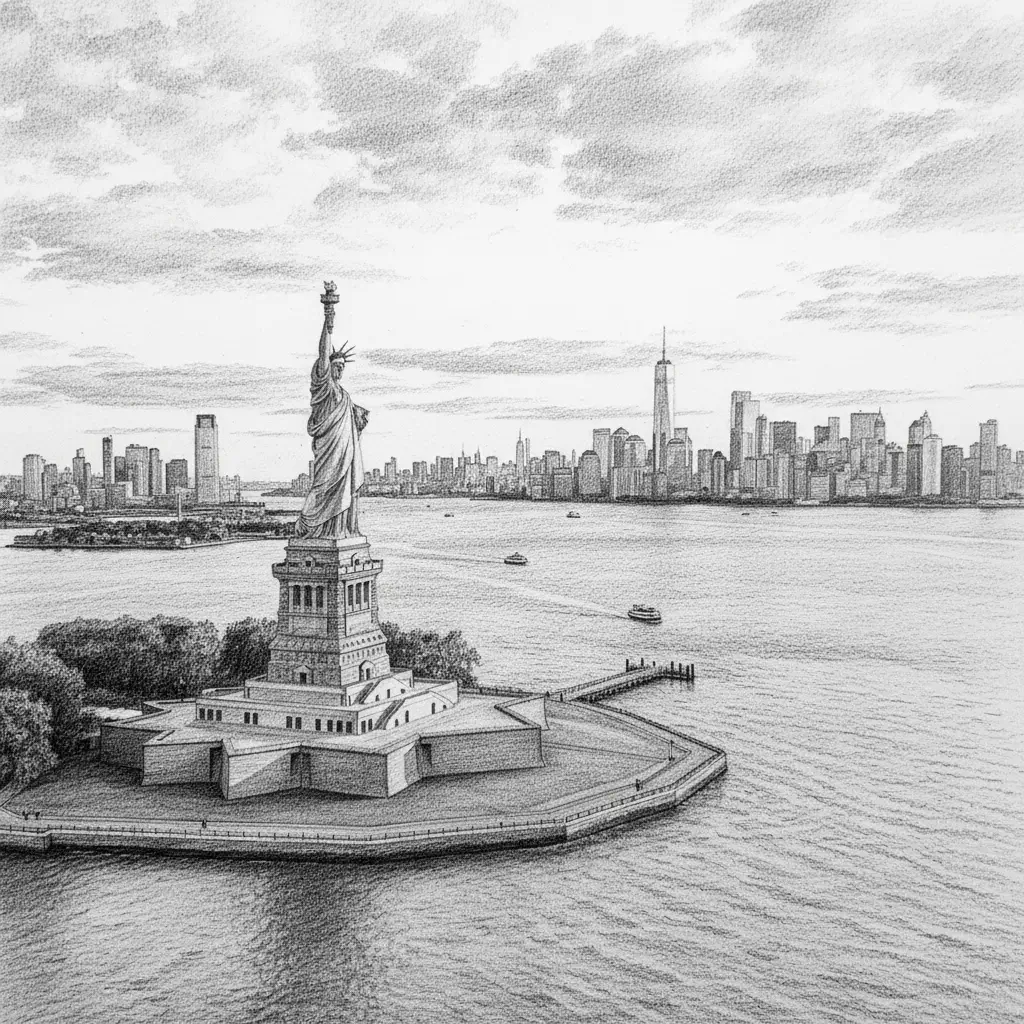 Pencil sketch of Statue of Liberty and New York skyline created by AI photo to sketch converter EditPix