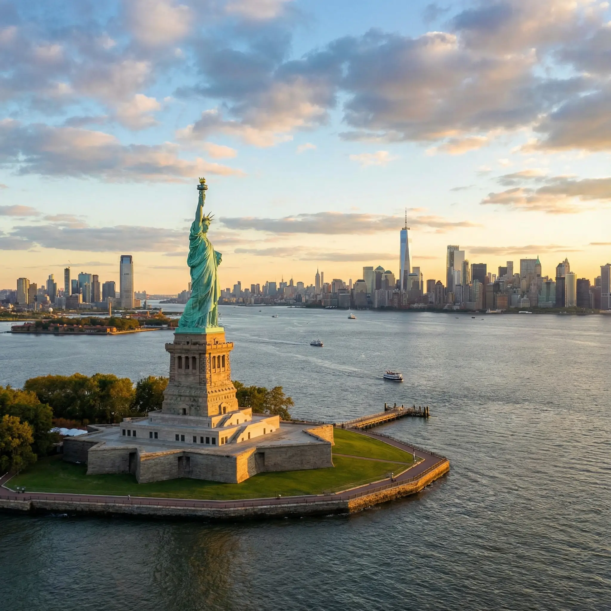 Color photo of Statue of Liberty and New York skyline before AI sketch conversion