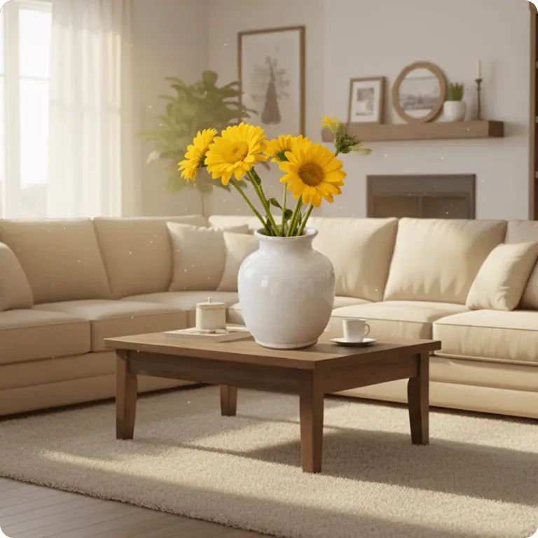 Original photo of sunflowers on a table in a living room before AI background removal